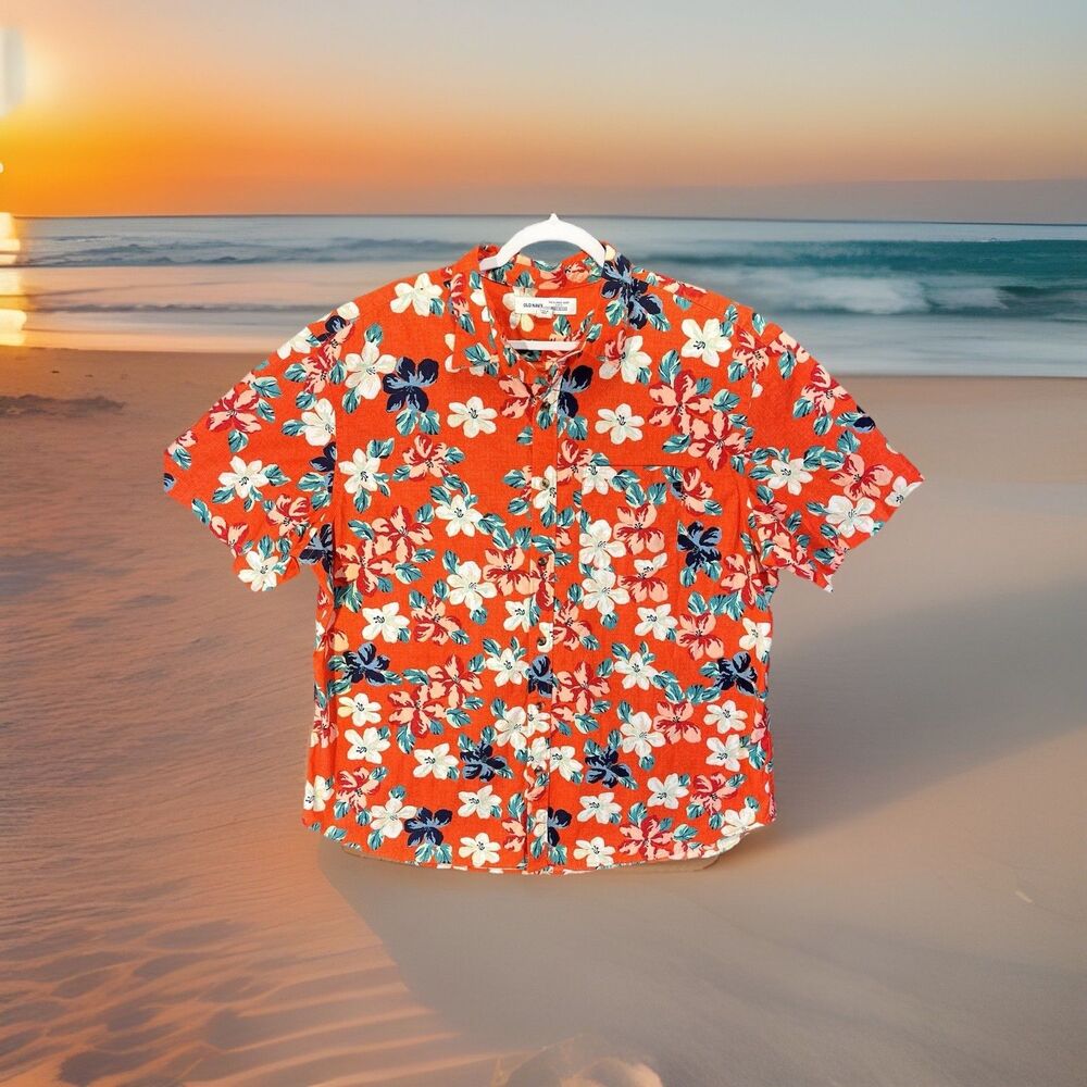 Old Navy S/S Hawaiian Built In Flex Slim Fit Shirt Mens Size XXL Orange Tropical